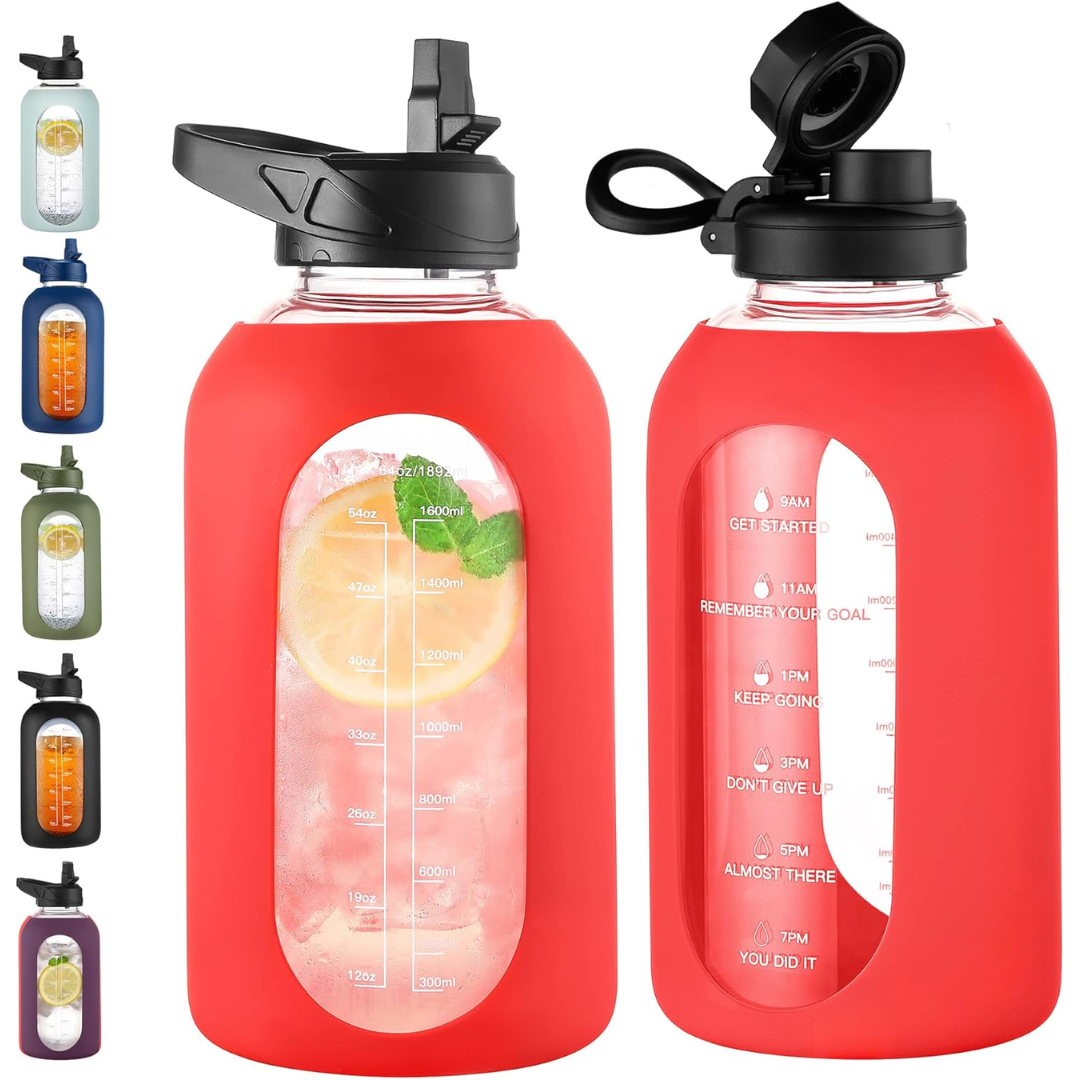 900 ml Motivational Glass Water Bottle with Straw-900 ml-Red-Nora Luxe