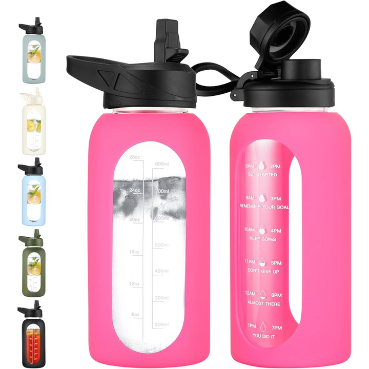 900 ml Motivational Glass Water Bottle with Straw-900 ml-Rose Red-Nora Luxe
