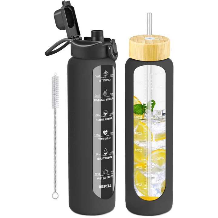 900 ml Motivational Glass Water Bottle with Straw – Leakproof, BPA-free, Reusable-Black-Nora Luxe