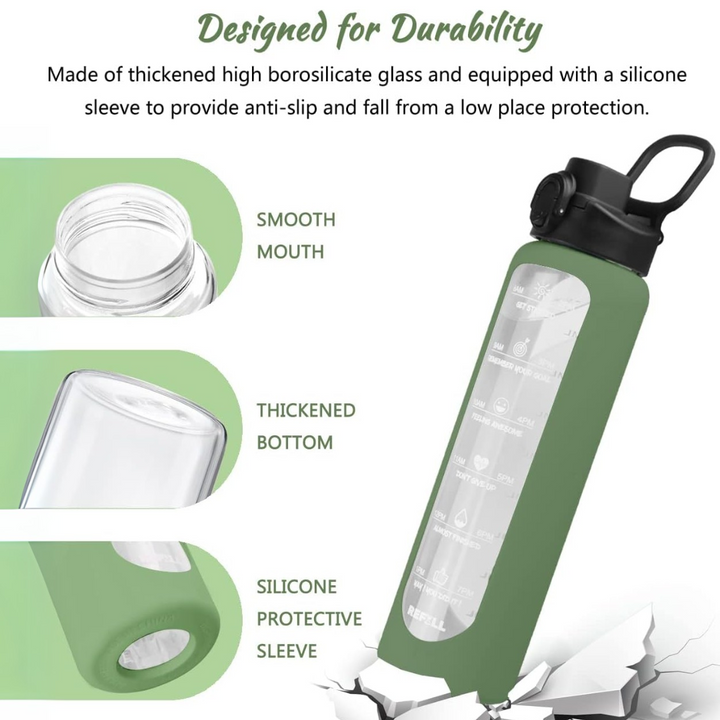 900 ml Motivational Glass Water Bottle with Straw – Leakproof, BPA-free, Reusable-Black-Nora Luxe