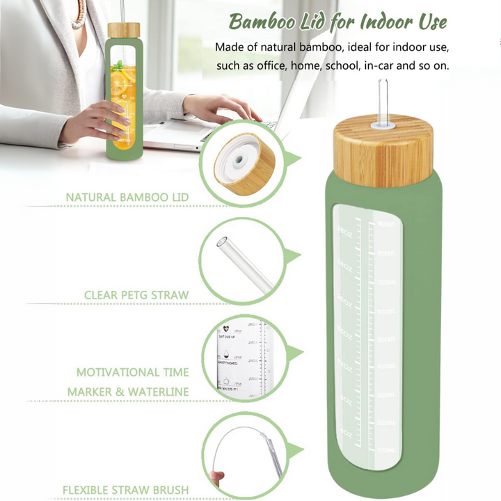 900 ml Motivational Glass Water Bottle with Straw – Leakproof, BPA-free, Reusable-Black-Nora Luxe