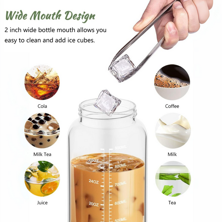 900 ml Motivational Glass Water Bottle with Straw – Leakproof, BPA-free, Reusable-Black-Nora Luxe