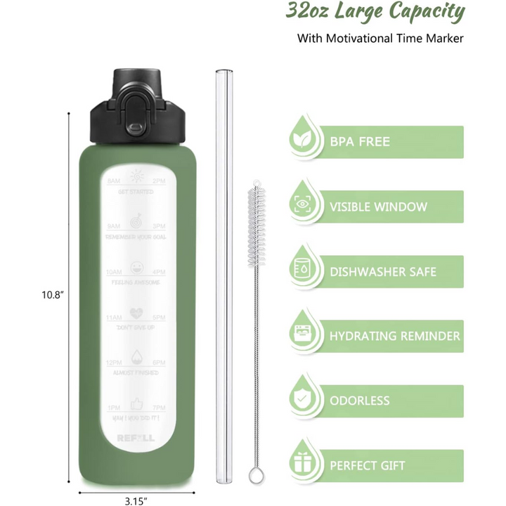 900 ml Motivational Glass Water Bottle with Straw – Leakproof, BPA-free, Reusable-Black-Nora Luxe