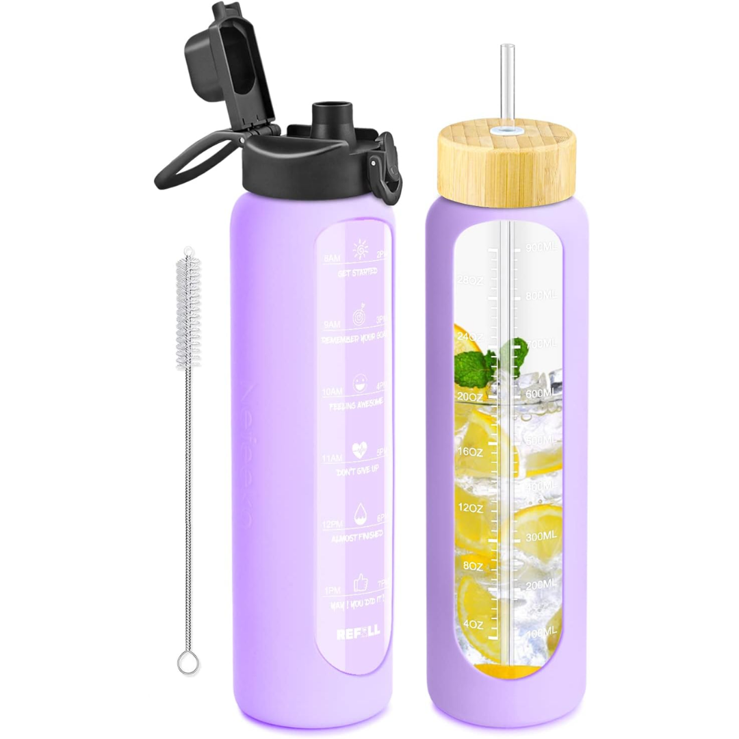 900 ml Motivational Glass Water Bottle with Straw – Leakproof, BPA-free, Reusable-Black-Nora Luxe