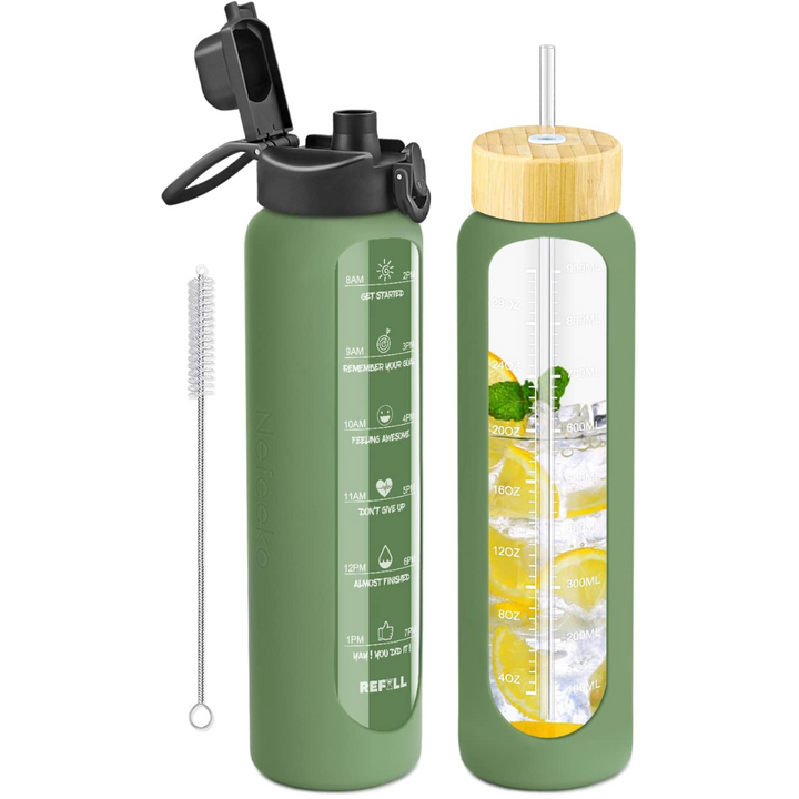 900 ml Motivational Glass Water Bottle with Straw – Leakproof, BPA-free, Reusable-Green-Nora Luxe