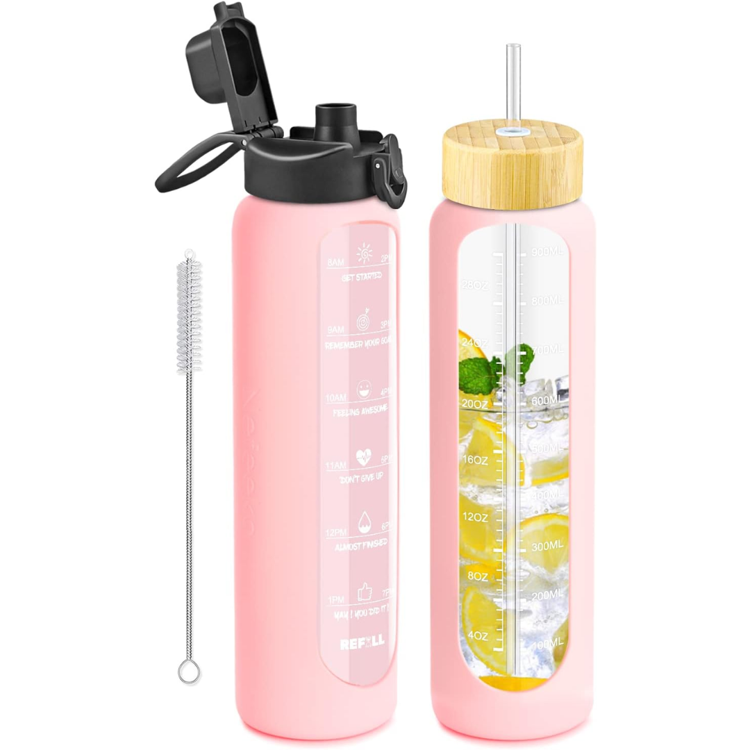 900 ml Motivational Glass Water Bottle with Straw – Leakproof, BPA-free, Reusable-Pink-Nora Luxe