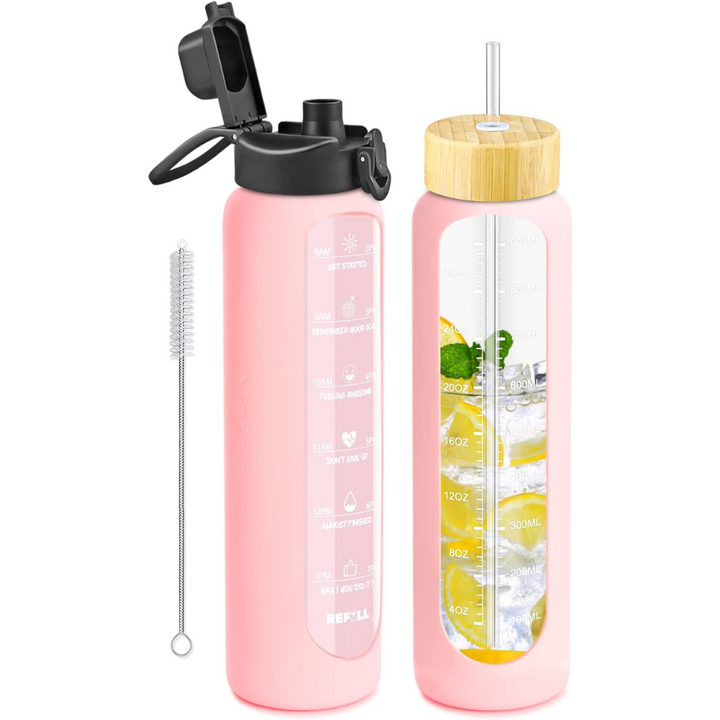 900 ml Motivational Glass Water Bottle with Straw – Leakproof, BPA-free, Reusable-Pink-Nora Luxe