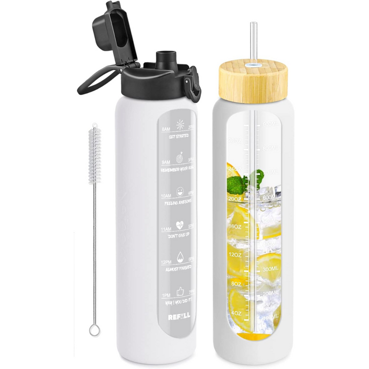 900 ml Motivational Glass Water Bottle with Straw – Leakproof, BPA-free, Reusable-White-Nora Luxe