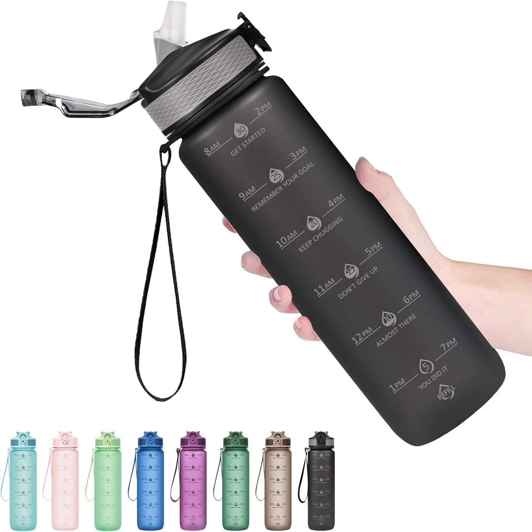 900ml Motivational Water Bottle with Straw-Black-Nora Luxe