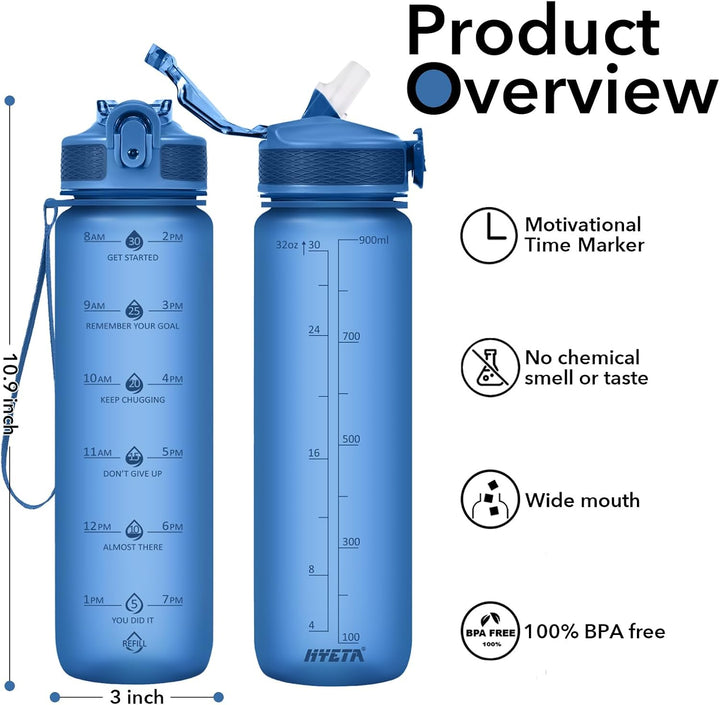 900ml Motivational Water Bottle with Straw-Black-Nora Luxe