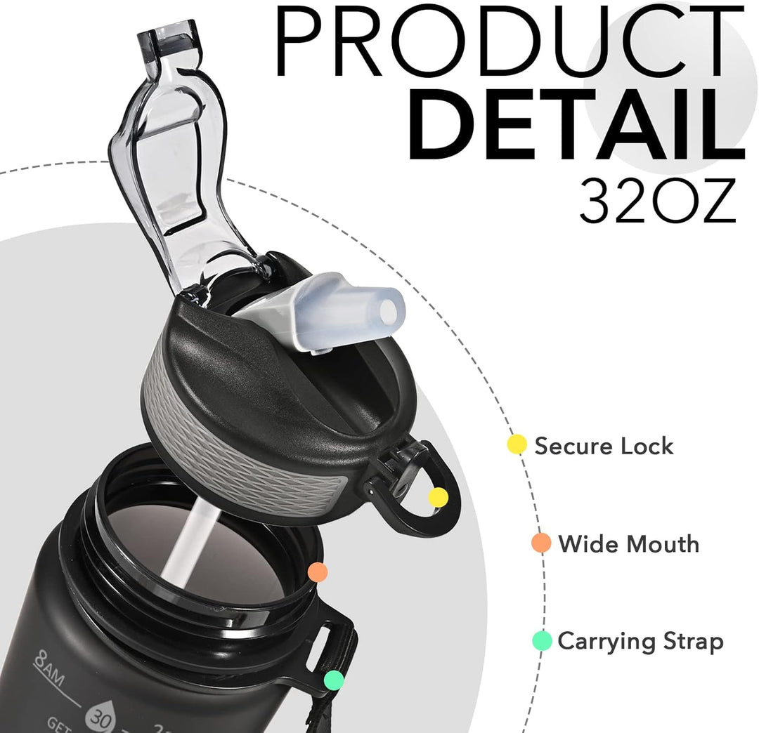 900ml Motivational Water Bottle with Straw-Black-Nora Luxe