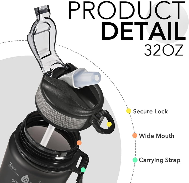 900ml Motivational Water Bottle with Straw-Black-Nora Luxe