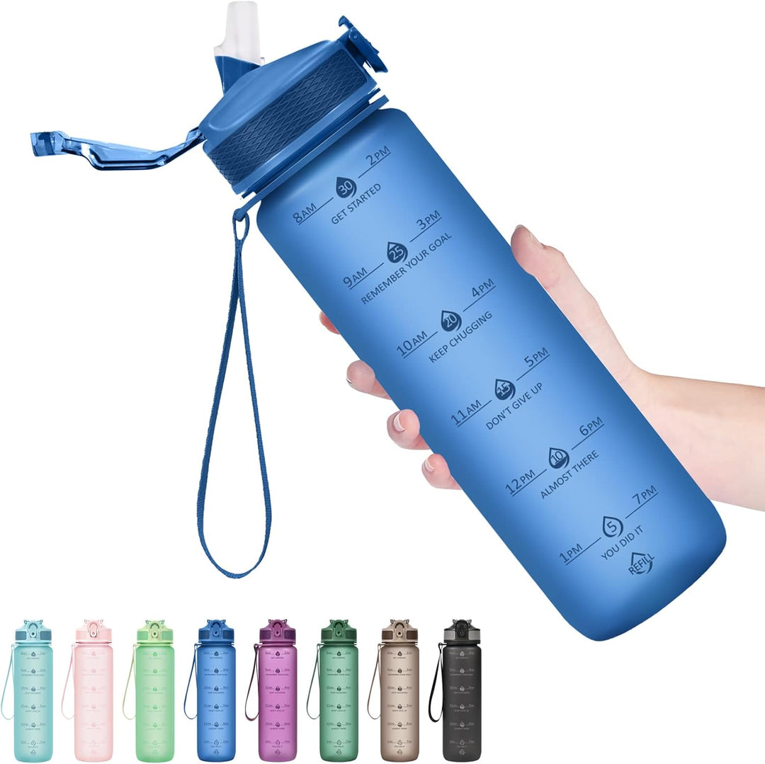 900ml Motivational Water Bottle with Straw-Blue-Nora Luxe