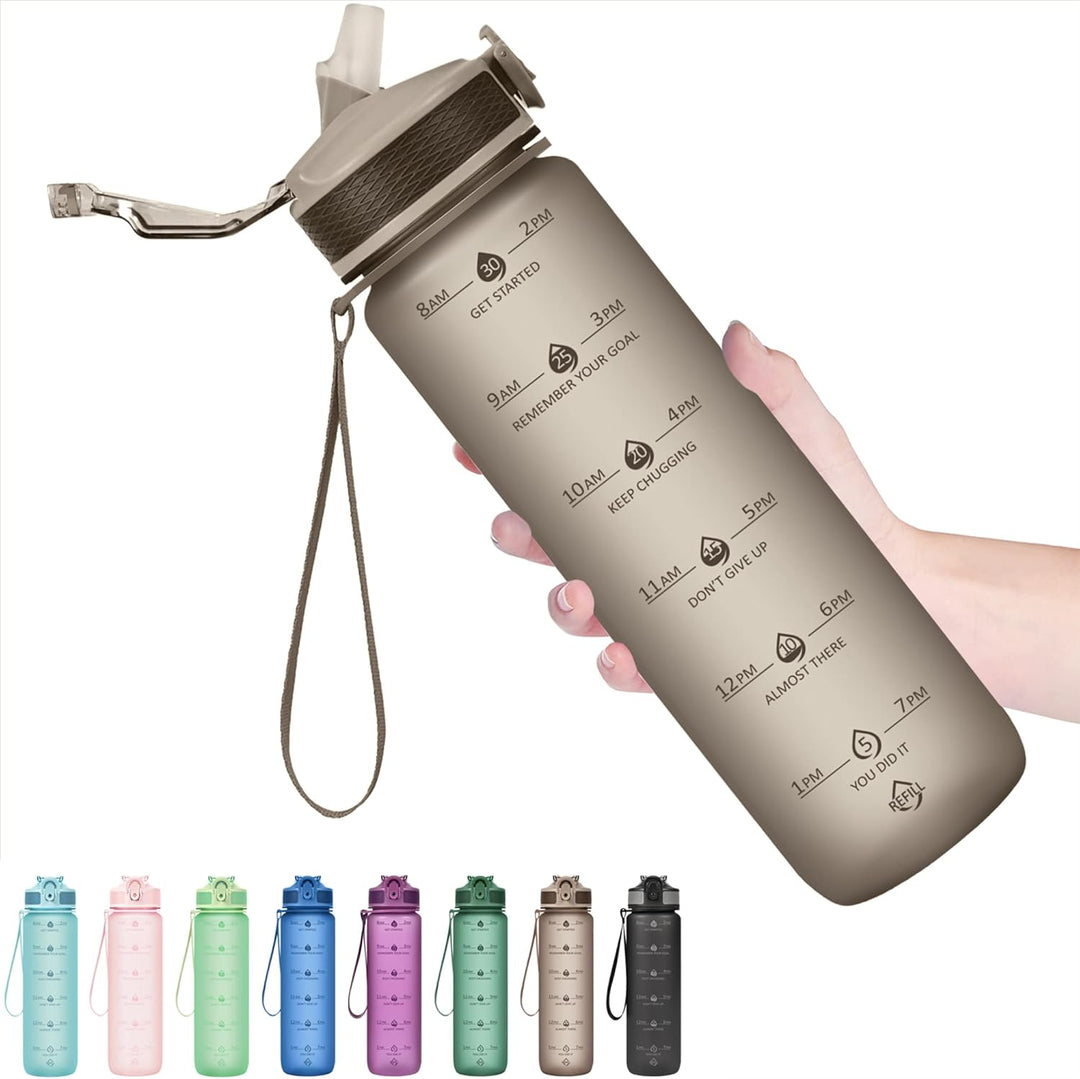 900ml Motivational Water Bottle with Straw-Brown-Nora Luxe