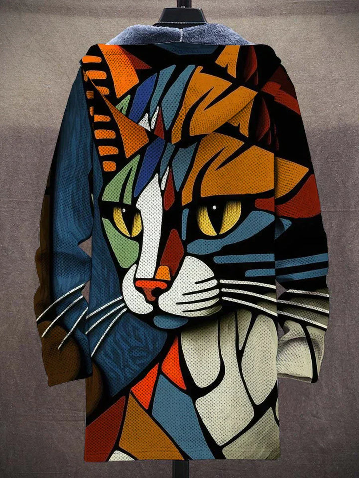 Abstract Cat Print Jacket with Plush Lining - Luna-S-Nora Luxe