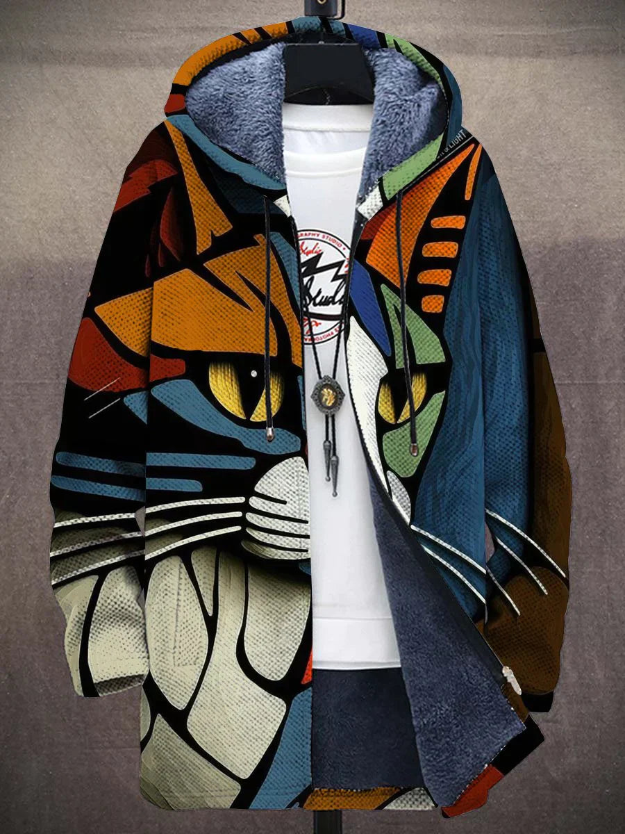 Abstract Cat Print Jacket with Plush Lining - Luna-S-Nora Luxe