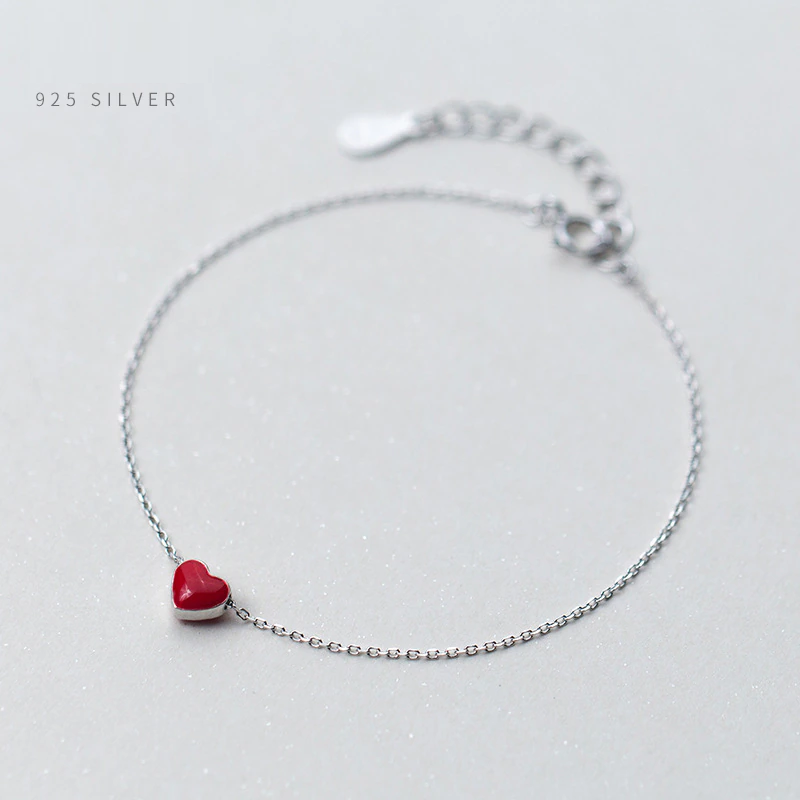 Adjustable Red Heart Charm Bracelet in 925 Sterling Silver-Nora Luxe