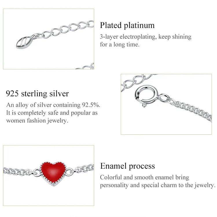 Adjustable Red Heart Charm Bracelet in 925 Sterling Silver-Nora Luxe