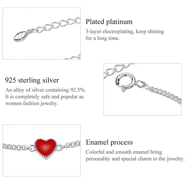 Adjustable Red Heart Charm Bracelet in 925 Sterling Silver-Nora Luxe