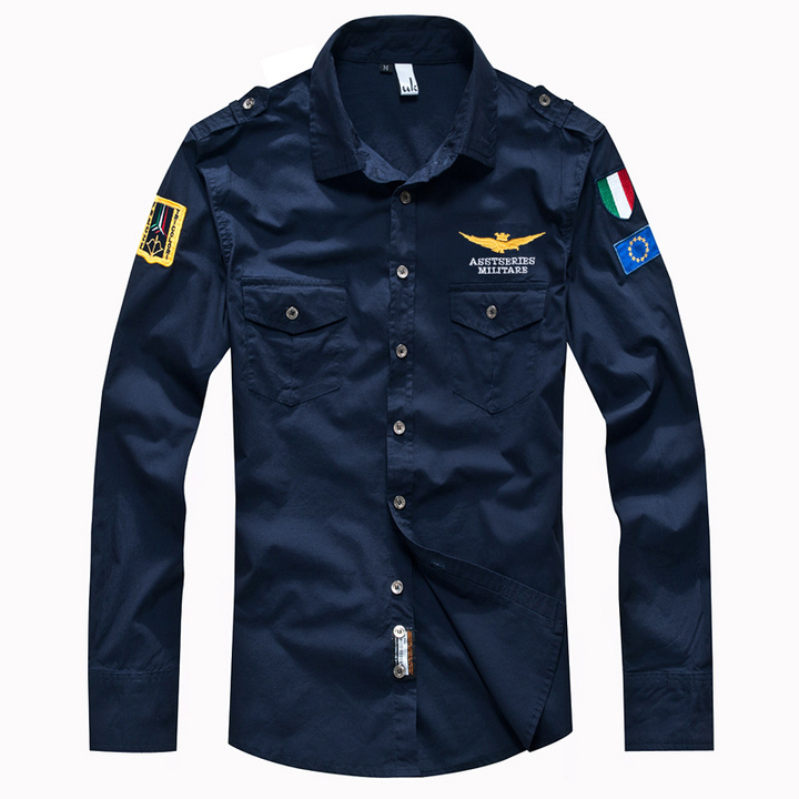 Air Force Style Men's Shirt with Double Pockets - Lucas-Blue-2XS-Nora Luxe