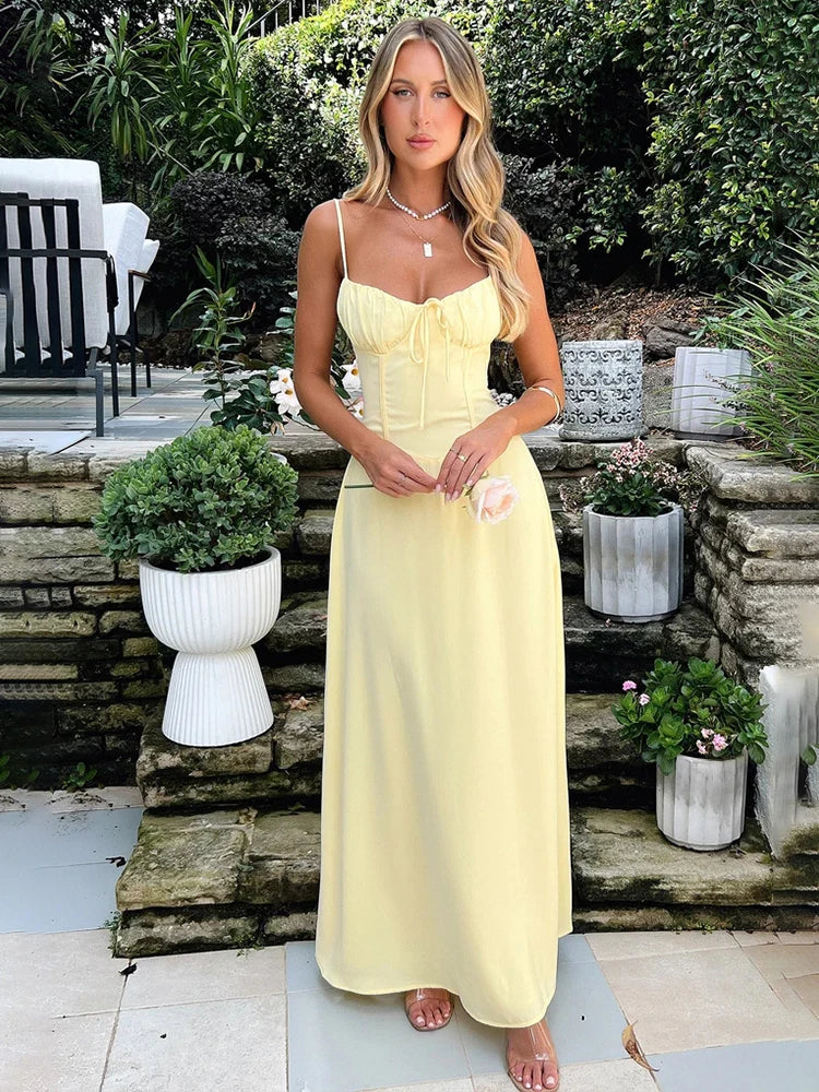 Airy A-line corsage maxi dress with spaghetti straps – Serina-Yellow-S-Nora Luxe