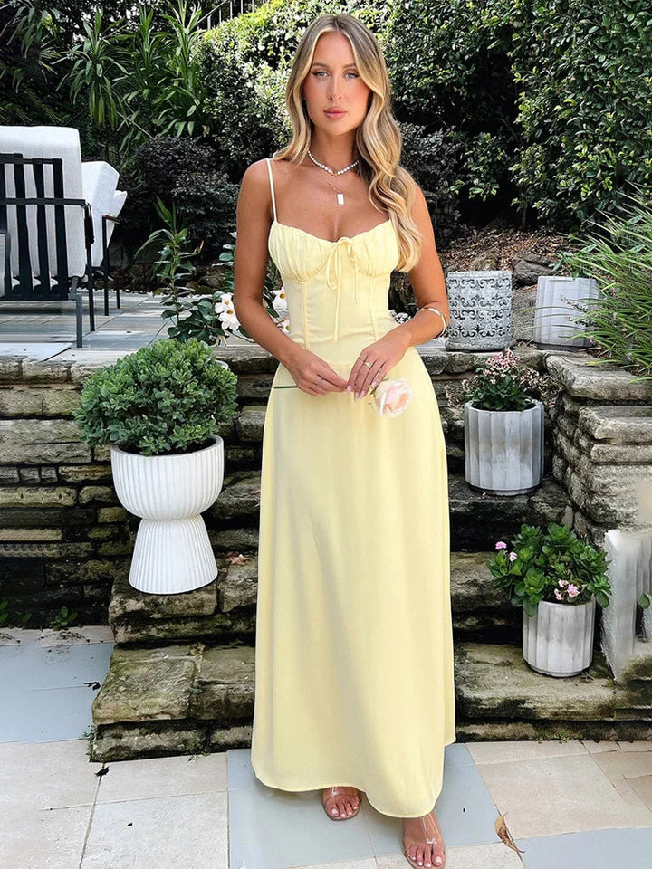 Airy A-line corsage maxi dress with spaghetti straps – Serina-Yellow-S-Nora Luxe