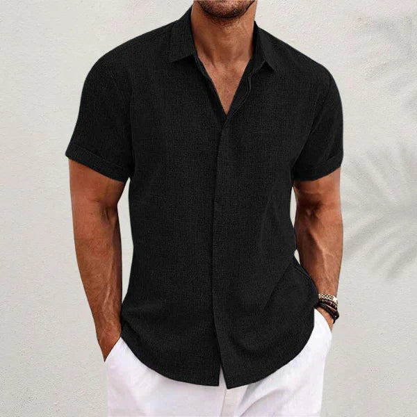 Airy men's linen shirt with short sleeves – Matteo-Black-S-Nora Luxe