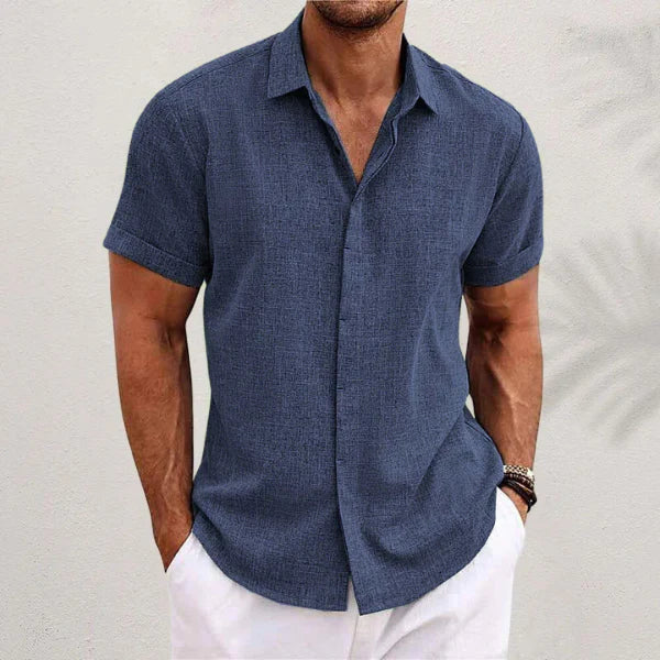Airy men's linen shirt with short sleeves – Matteo-Dark blue-S-Nora Luxe