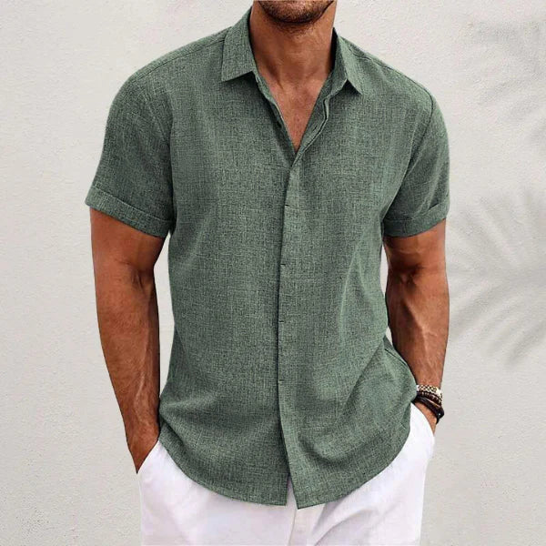 Airy men's linen shirt with short sleeves – Matteo-Dark green-S-Nora Luxe