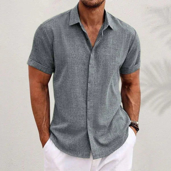 Airy men's linen shirt with short sleeves – Matteo-Gray-S-Nora Luxe