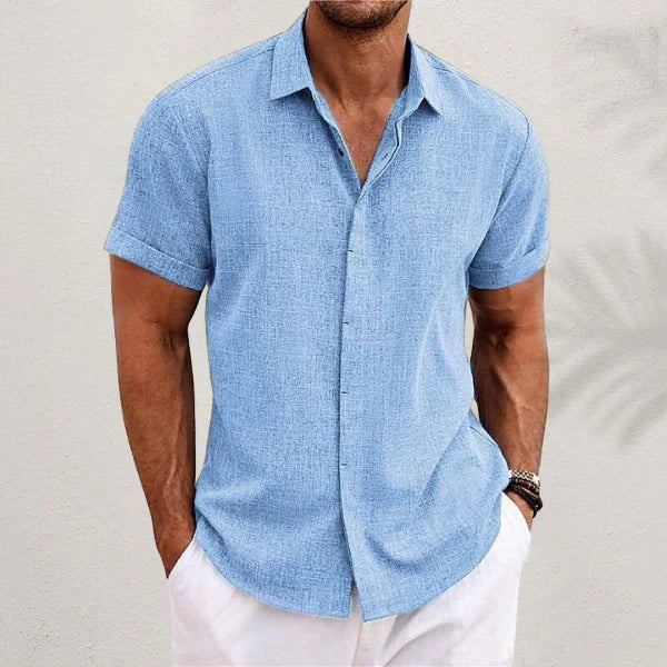 Airy men's linen shirt with short sleeves – Matteo-Light blue-S-Nora Luxe
