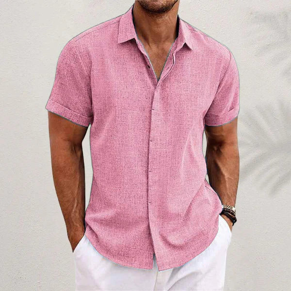 Airy men's linen shirt with short sleeves – Matteo-Pink-S-Nora Luxe