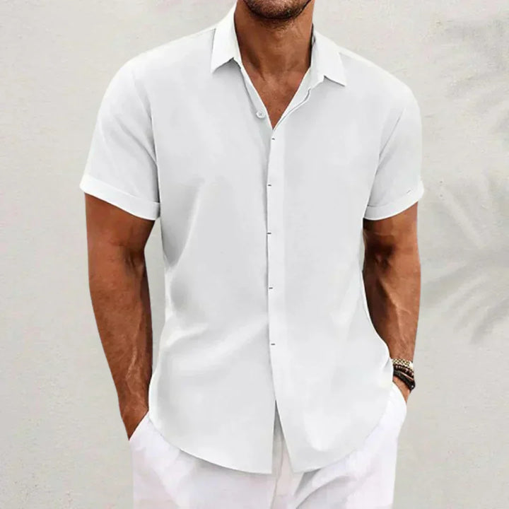 Airy men's linen shirt with short sleeves – Matteo-White-S-Nora Luxe
