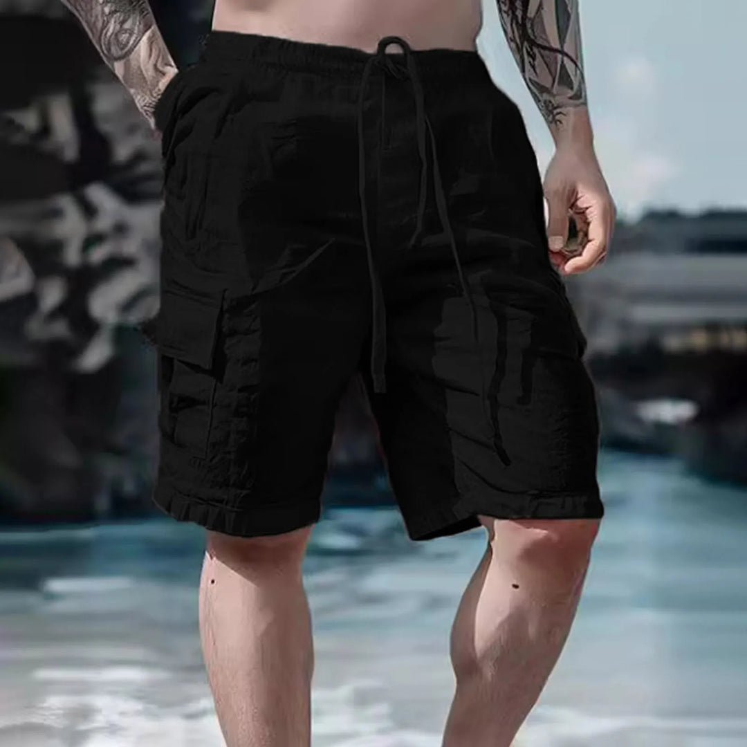 Airy men's linen shorts with wide legs and drawstring – Silas-Black-S-Nora Luxe