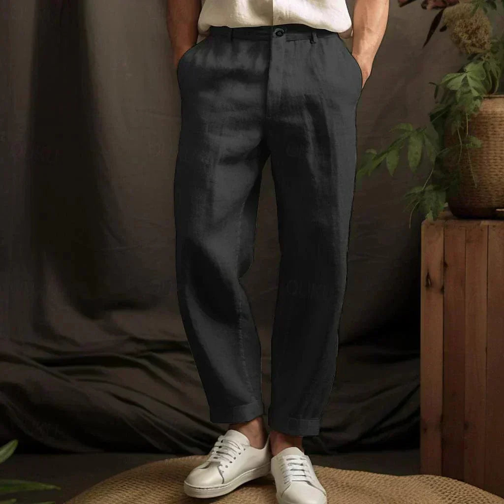Airy Straight Linen Trousers for Men with Relaxed Fit - Lennox-Black-S-Nora Luxe