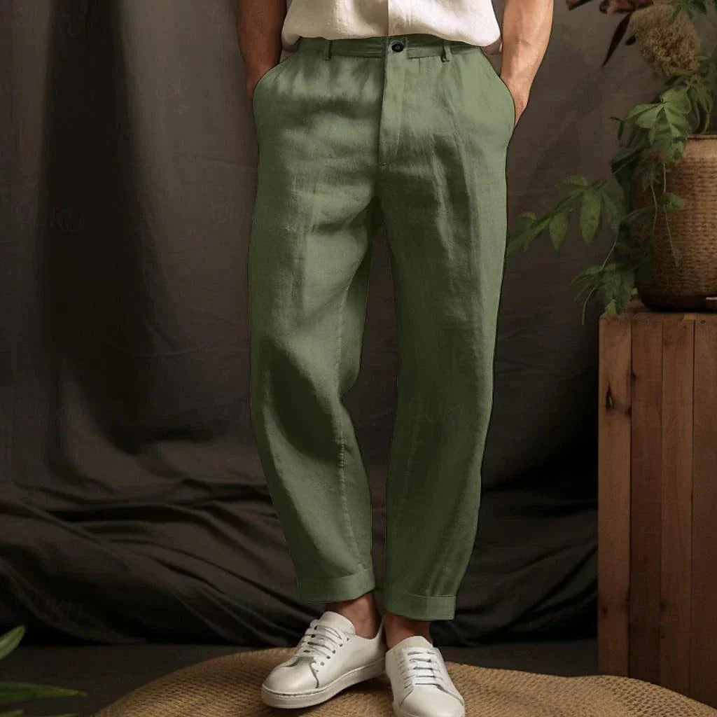 Airy Straight Linen Trousers for Men with Relaxed Fit - Lennox-Green-S-Nora Luxe