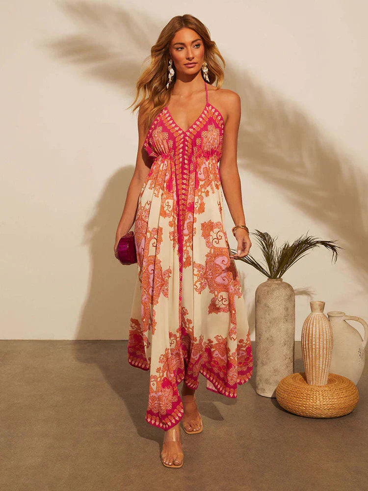 Airy & Stylish Boho Maxi Dress with Halterneck for Women – Naya-Red-S-Nora Luxe