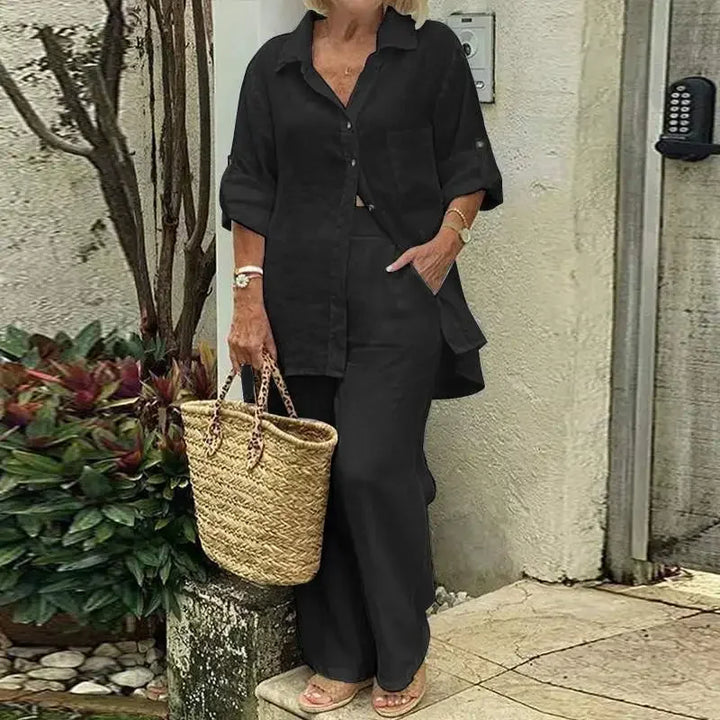 Airy & Stylish Oversized Linen Combo with Blouse and Trousers for Women – Amaris-Black-S-Nora Luxe