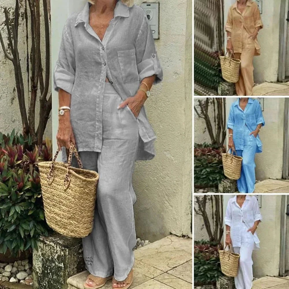 Airy & Stylish Oversized Linen Combo with Blouse and Trousers for Women – Amaris-Blue-S-Nora Luxe