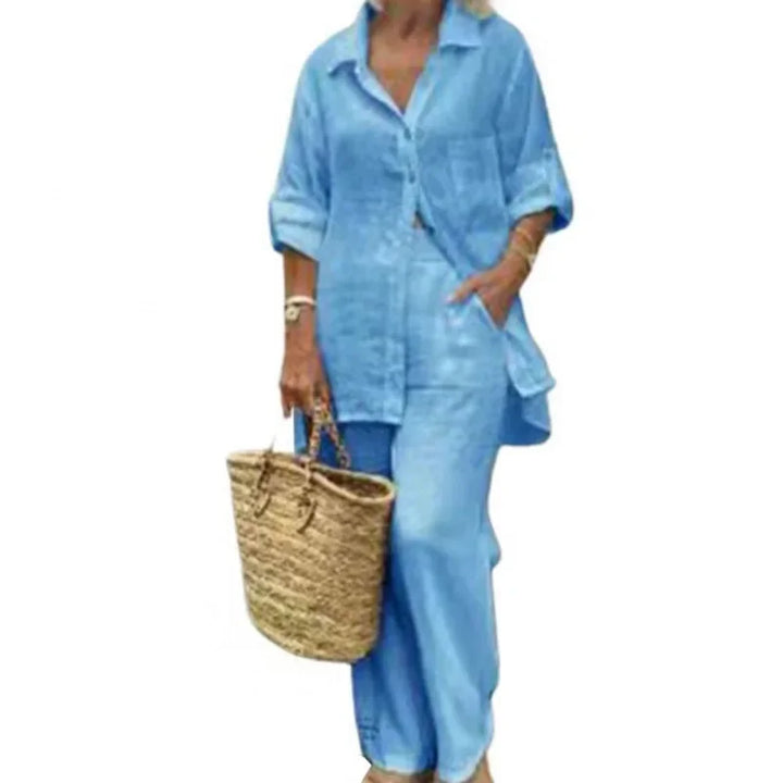 Airy & Stylish Oversized Linen Combo with Blouse and Trousers for Women – Amaris-Blue-S-Nora Luxe