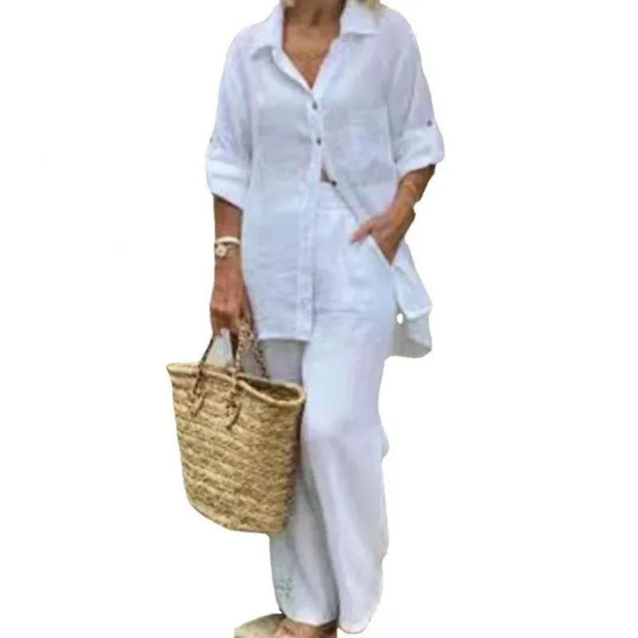 Airy & Stylish Oversized Linen Combo with Blouse and Trousers for Women – Amaris-Blue-S-Nora Luxe
