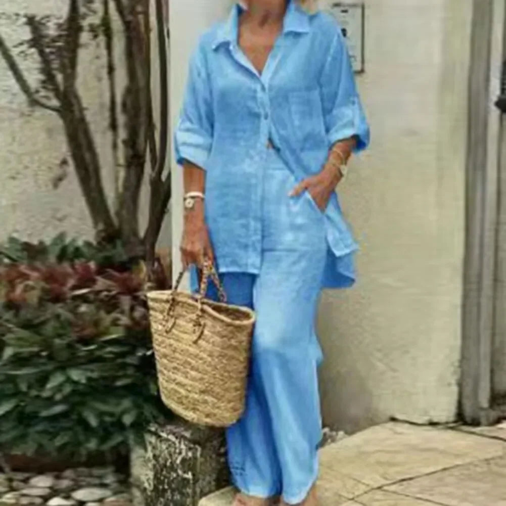 Airy & Stylish Oversized Linen Combo with Blouse and Trousers for Women – Amaris-Blue-S-Nora Luxe