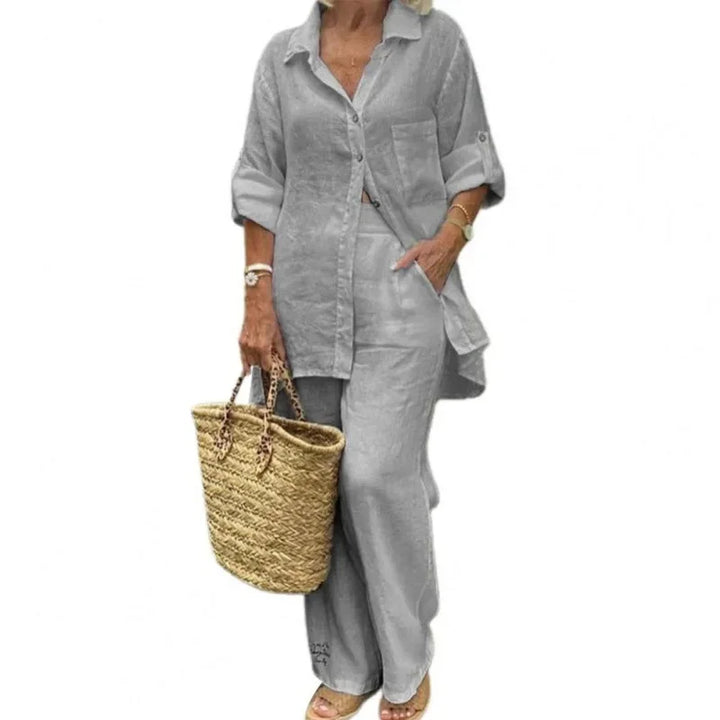 Airy & Stylish Oversized Linen Combo with Blouse and Trousers for Women – Amaris-Gray-S-Nora Luxe