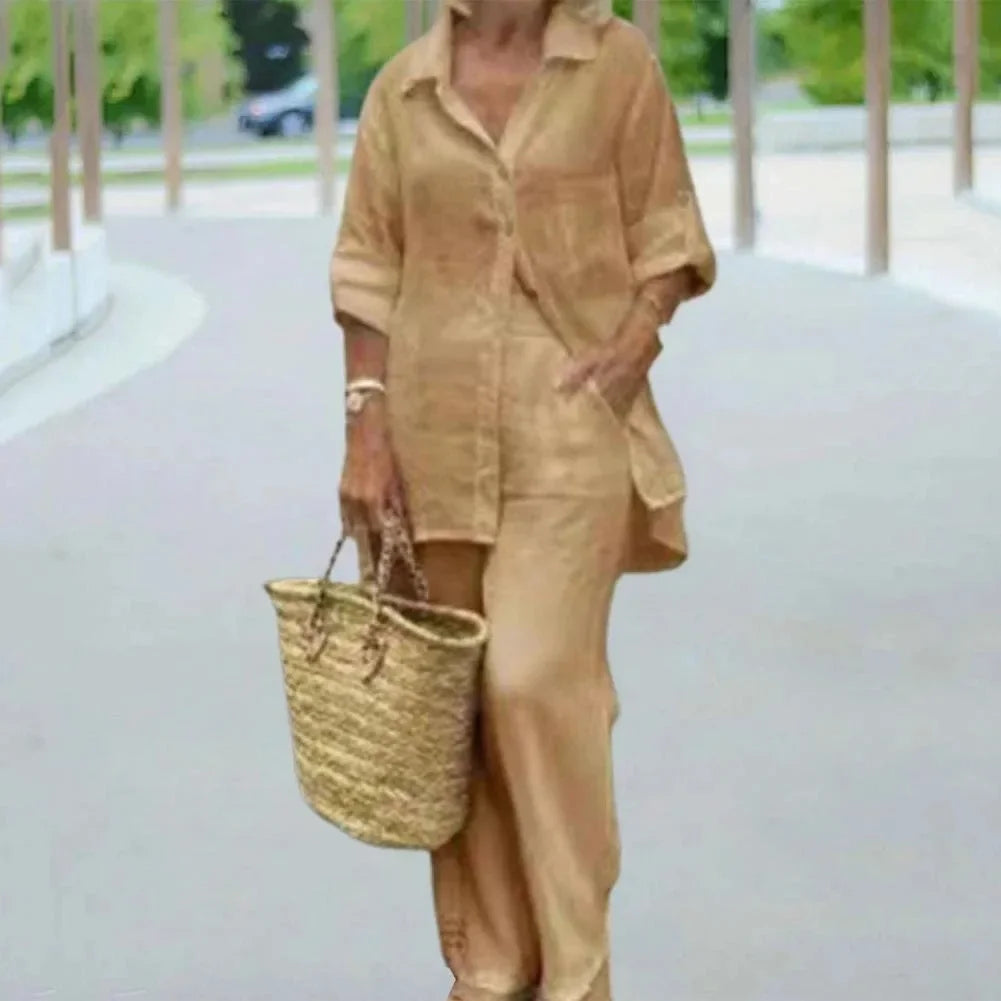 Airy & Stylish Oversized Linen Combo with Blouse and Trousers for Women – Amaris-Khaki-S-Nora Luxe