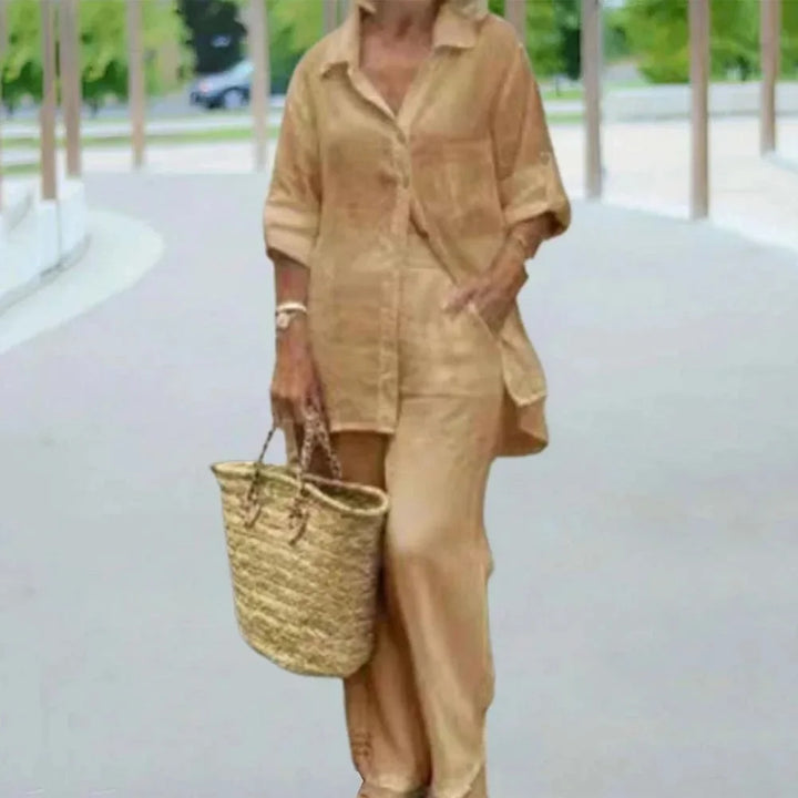 Airy & Stylish Oversized Linen Combo with Blouse and Trousers for Women – Amaris-Khaki-S-Nora Luxe