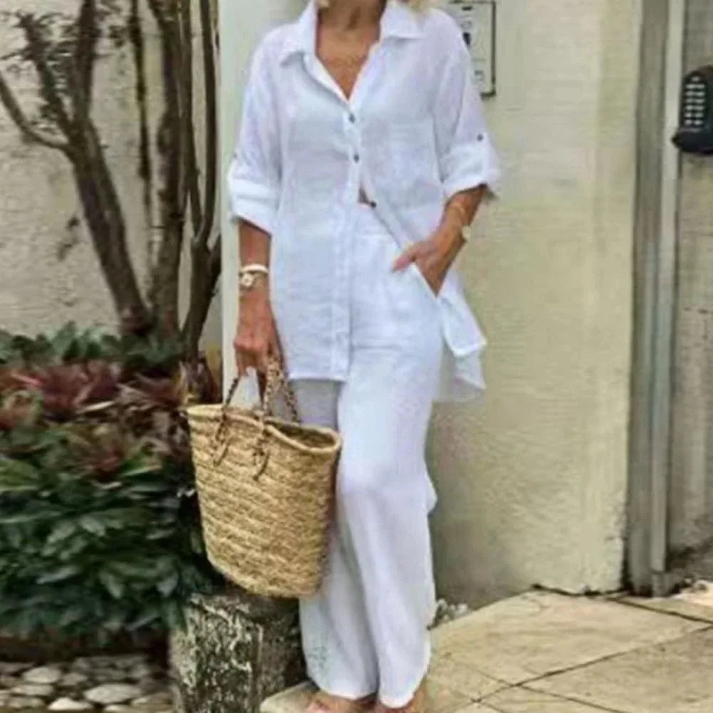 Airy & Stylish Oversized Linen Combo with Blouse and Trousers for Women – Amaris-White-S-Nora Luxe