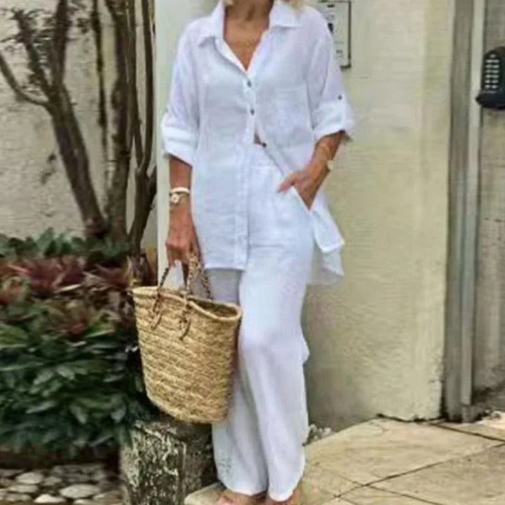 Airy & Stylish Oversized Linen Combo with Blouse and Trousers for Women – Amaris-White-S-Nora Luxe