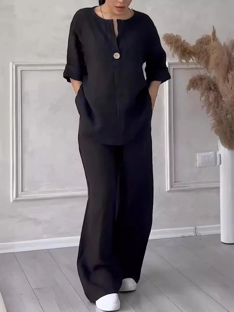 Airy & Stylish Summer Set with Blouse & Wide Trousers made of Linen – Melina-Black-S-Nora Luxe