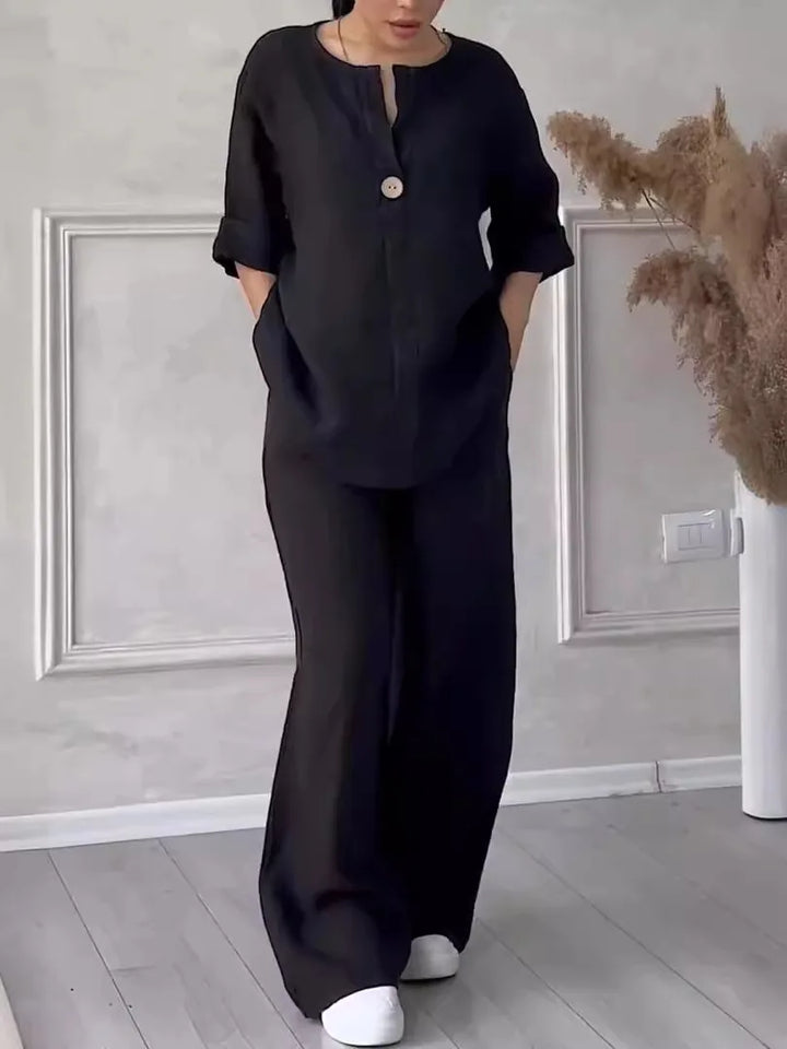 Airy & Stylish Summer Set with Blouse & Wide Trousers made of Linen – Melina-Black-S-Nora Luxe