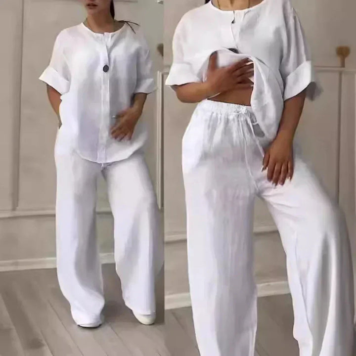 Airy & Stylish Summer Set with Blouse & Wide Trousers made of Linen – Melina-Blue-S-Nora Luxe